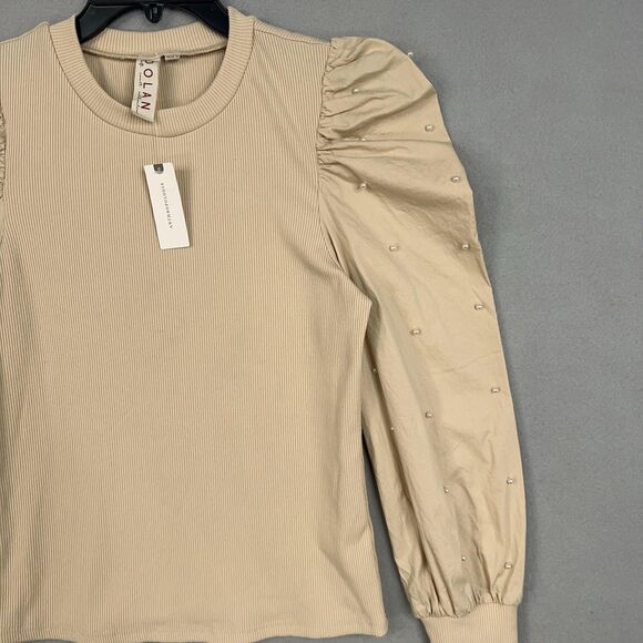 Dolan Anthropologie Shirt Womens Medium Ivory Ribbed Puff Pearl Minimal Feminine - Picture 4 of 15